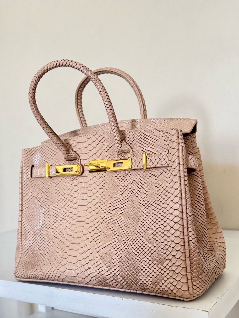 Elegant Beige Python-Textured Tote Bag - Women